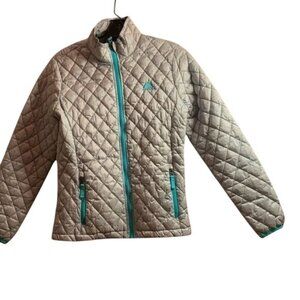 Girls L 14/16 Quilted Jacket Gray & Teal 100% Polyester Shell Nylon Lining Zip C